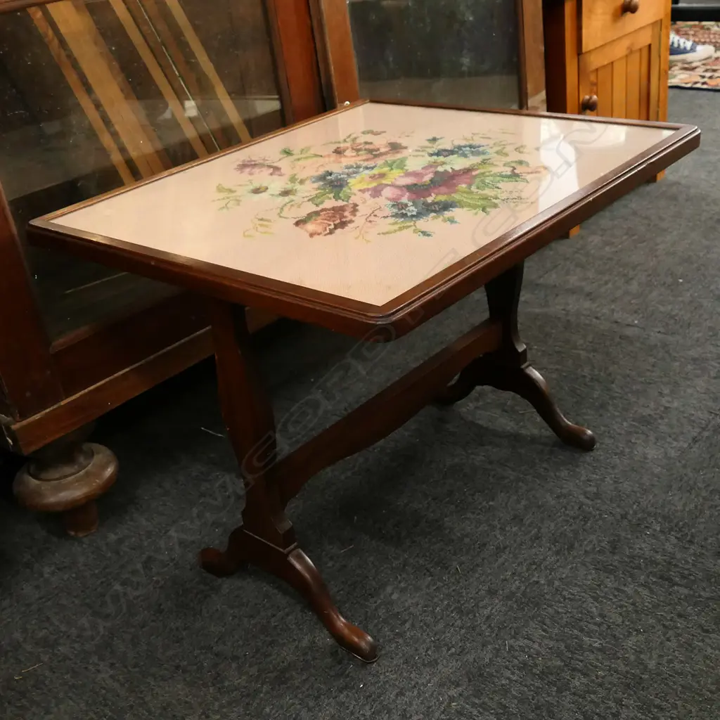 VINTAGE GLASS TOP FLORAL TAPESTRY FOLDING TABLE, 600 X 520 X 460mm Image 1++