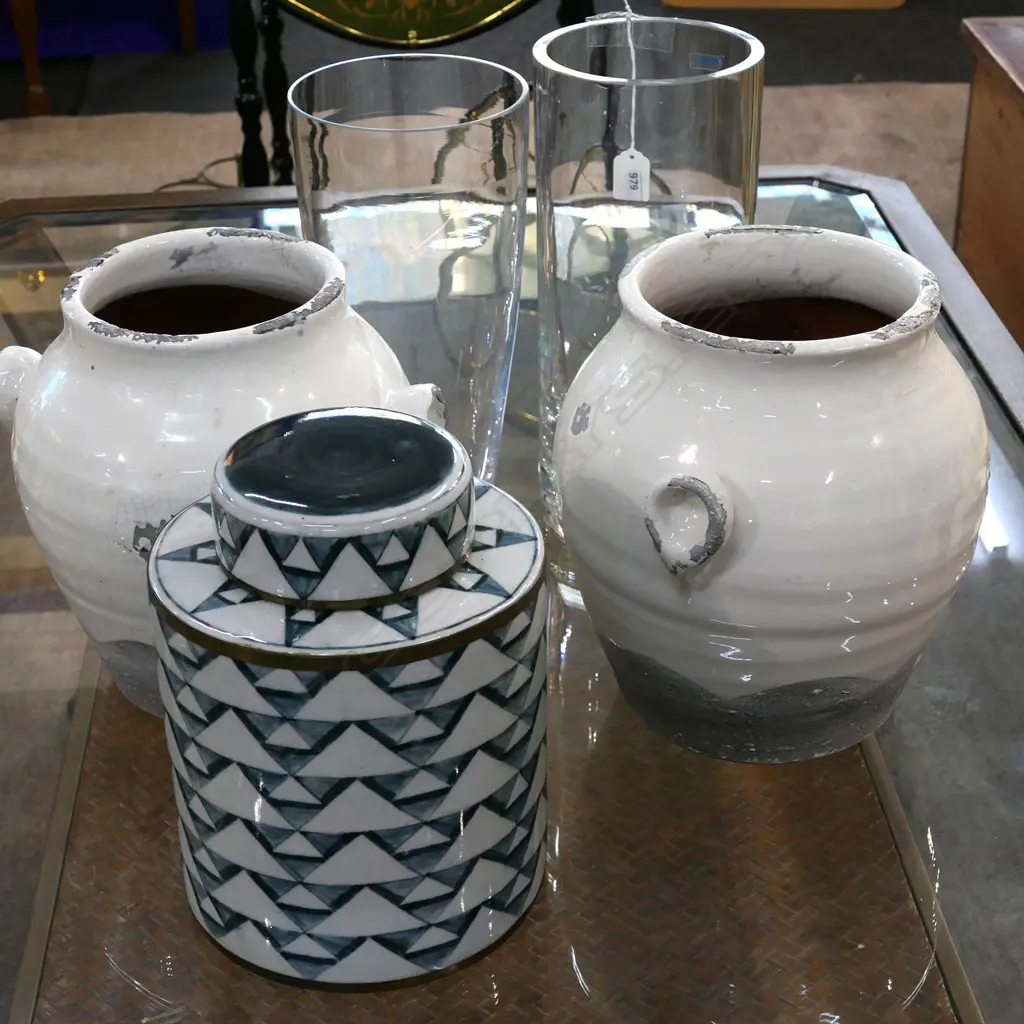PR WHITE CONFIT POTS H.250mm + LIDDED CONTAINER & 2 GLASS VASES H.300mm Image 1++
