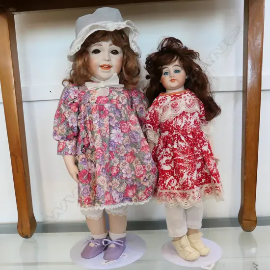 2 VINTAGE PORCELAIN DOLLS W STANDS LARGEST H 580MM & MARKED SFBJ '87 