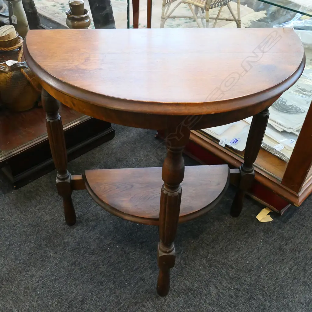 OAK HALF ROUND HALL TABLE WITH BASE SHELF  L 640MM 650MM Image 1++