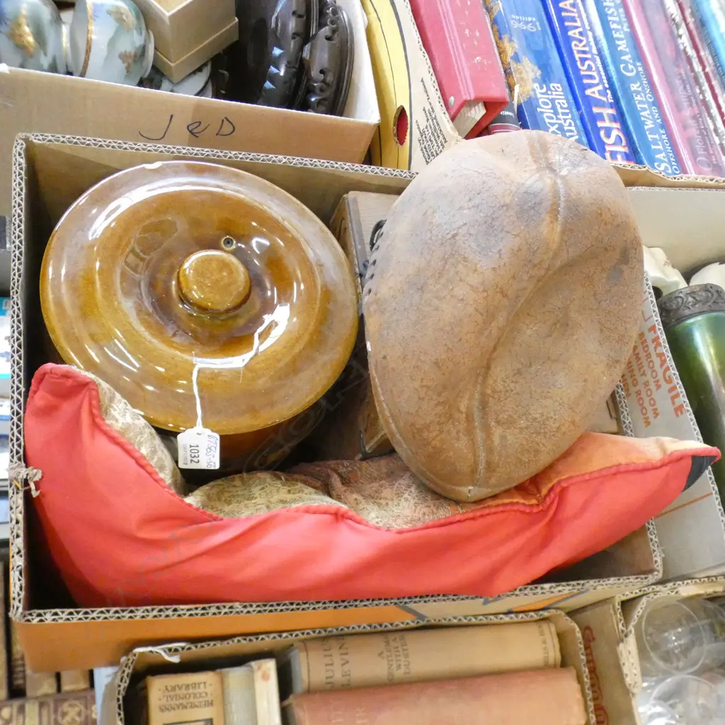 OLD CEYLON TEA BOX. CROCK. RUGBY BALL. CUSHION Image 1++