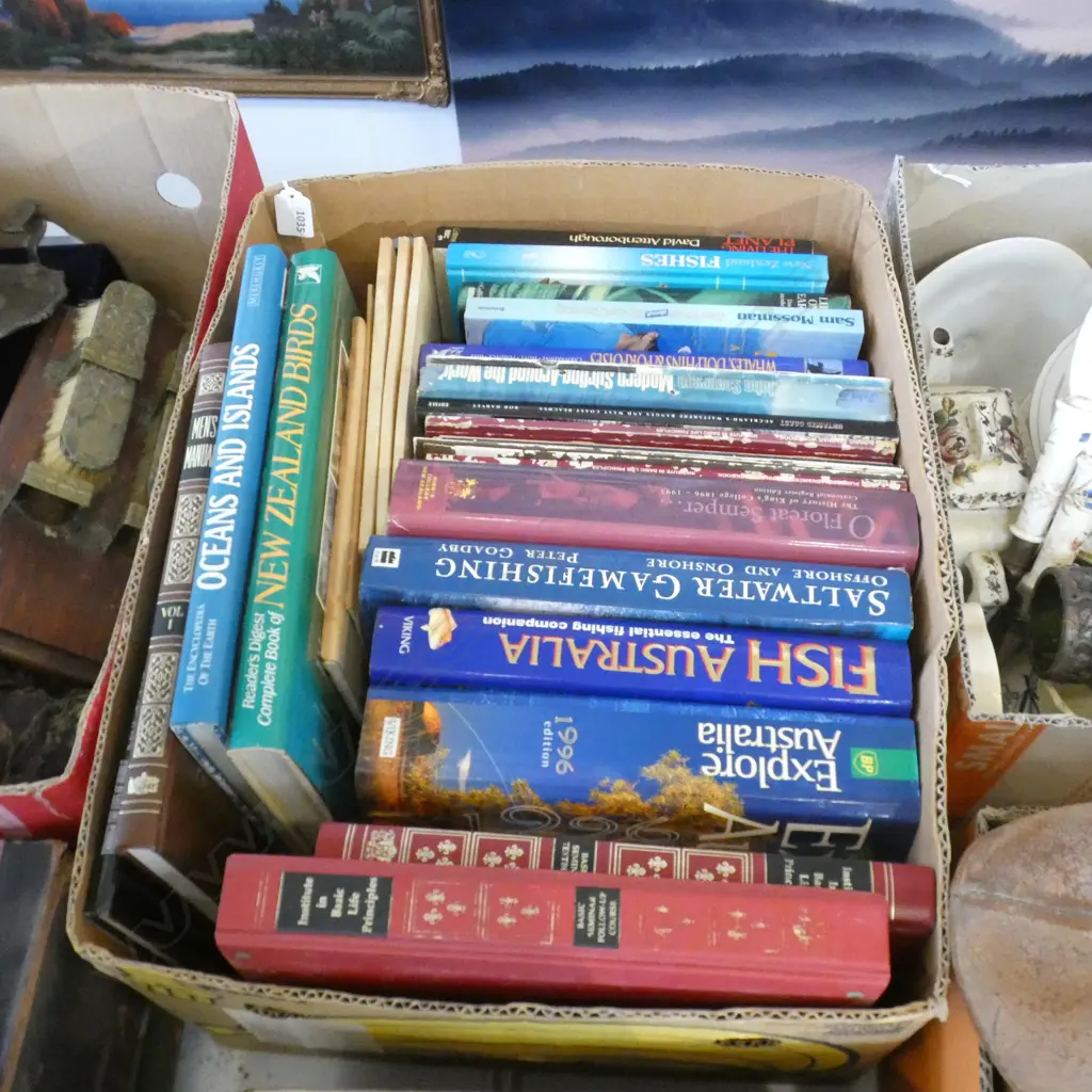 BOX LOT BOOKS; FISHING, BIRDS, KINGS COLLEGE ETC Image 1++