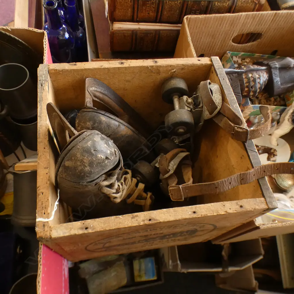BOX OLD ICE SKATES + ROLLER BLADES + SPIKED RUNNING SHOES Image 1++