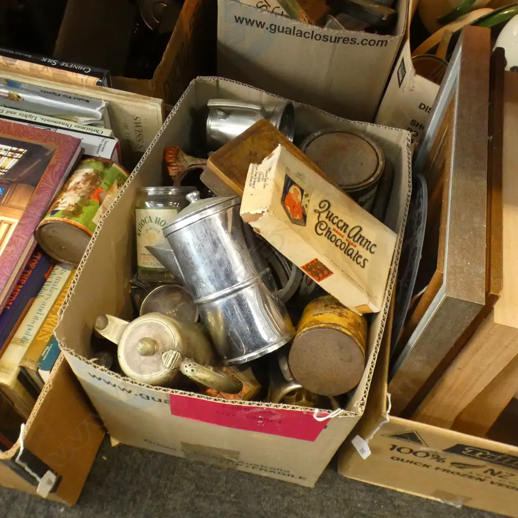 BOX OLD LABELLED TINS. S/PLATE HOTEL WARE ETC Image 1++