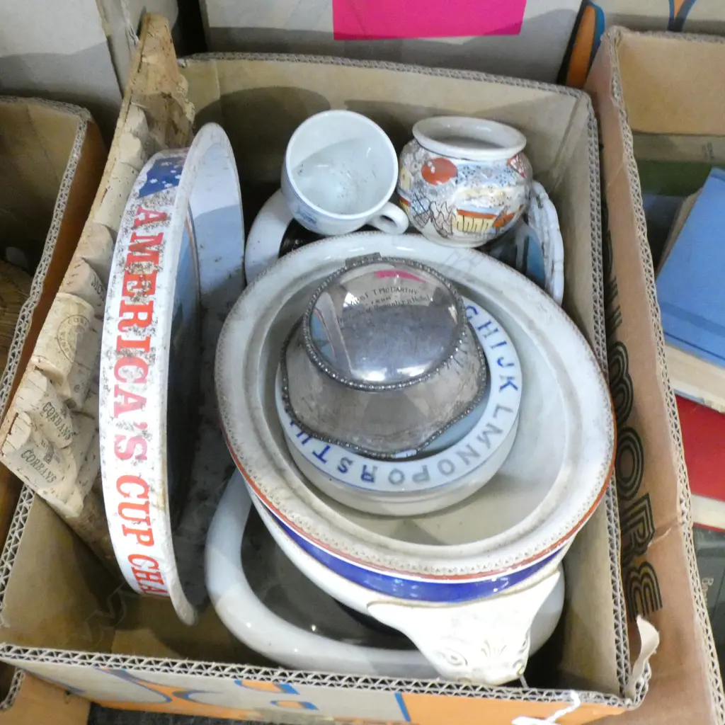BOX ASST CHINA. CROCKERY. CHILDS & SHIPPING. S/PLATE BOX ETC Image 1++