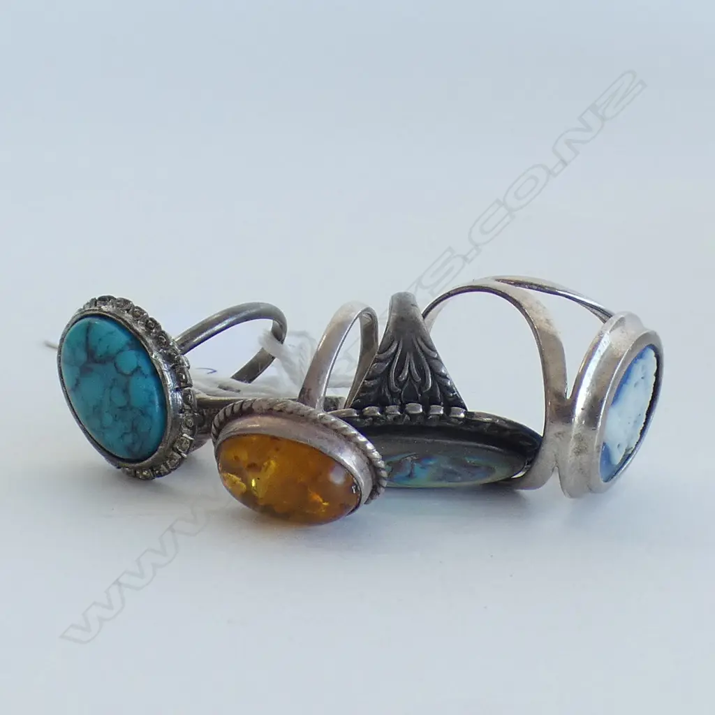 FIVE SILVER RINGS (includes jasperware amber turquoise) Image 1++