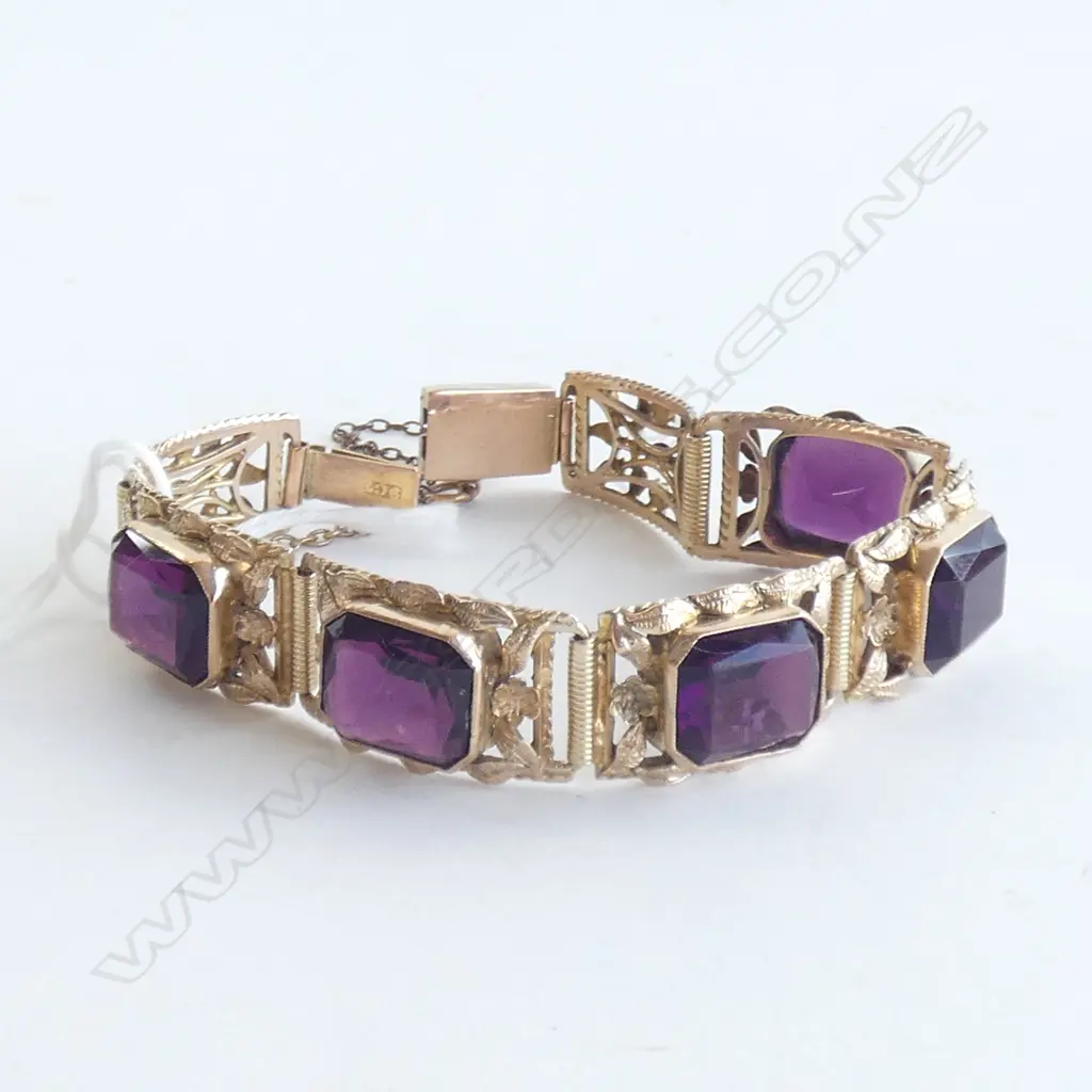QUALITY VINTAGE 9CT GOLD AND PURPLE STONE BRACELET 23.53gm Image 1++
