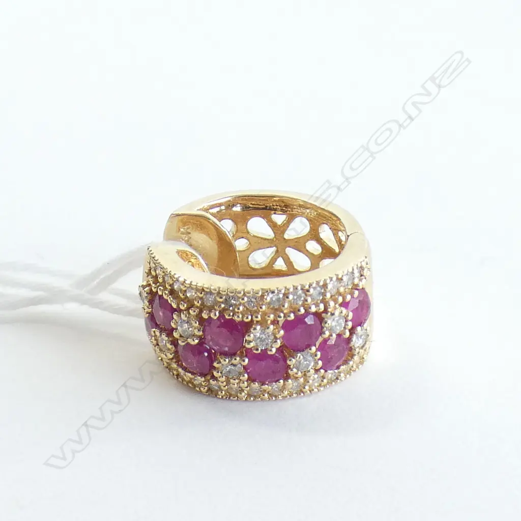 SINGLE EARRING: 14K GOLD RUBY & DIAMOND HOOP, 5.3gm ##RTV## Image 1++