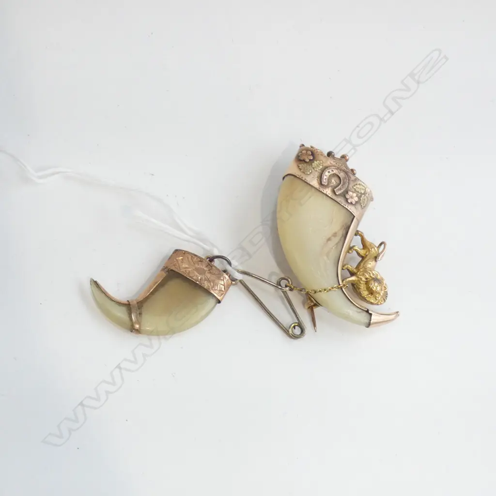 2 ANTIQUE 9CT GOLD TIGERS CLAW JEWELLERY PCES. BROOCH + PENDANT Image 1++