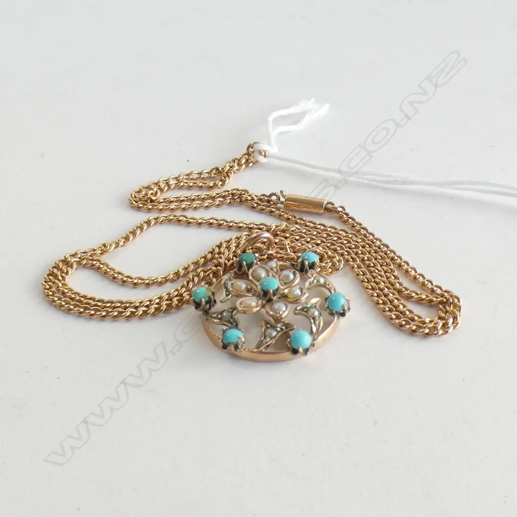 EDW 9CT GOLD TURQUOISE & SEED PEARL PENDANT 9CT CHAIN 9gms Image 1++