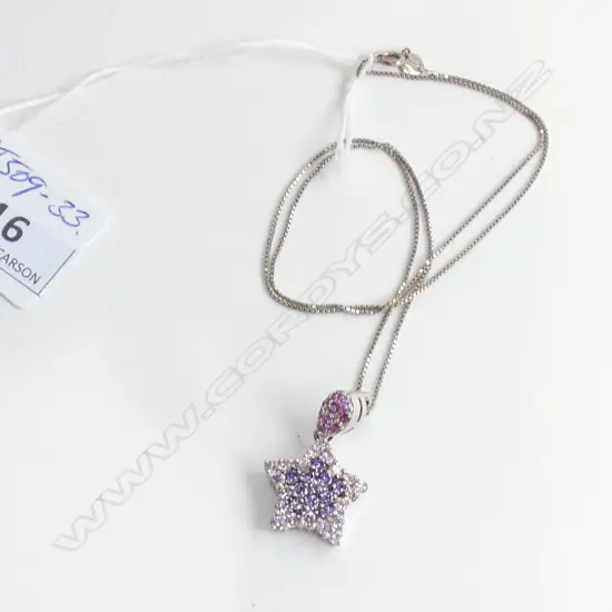 18CT WHITE GOLD  TOP WITH PINK/PURPLE STONES STAR PENDANT SILVER CHAIN