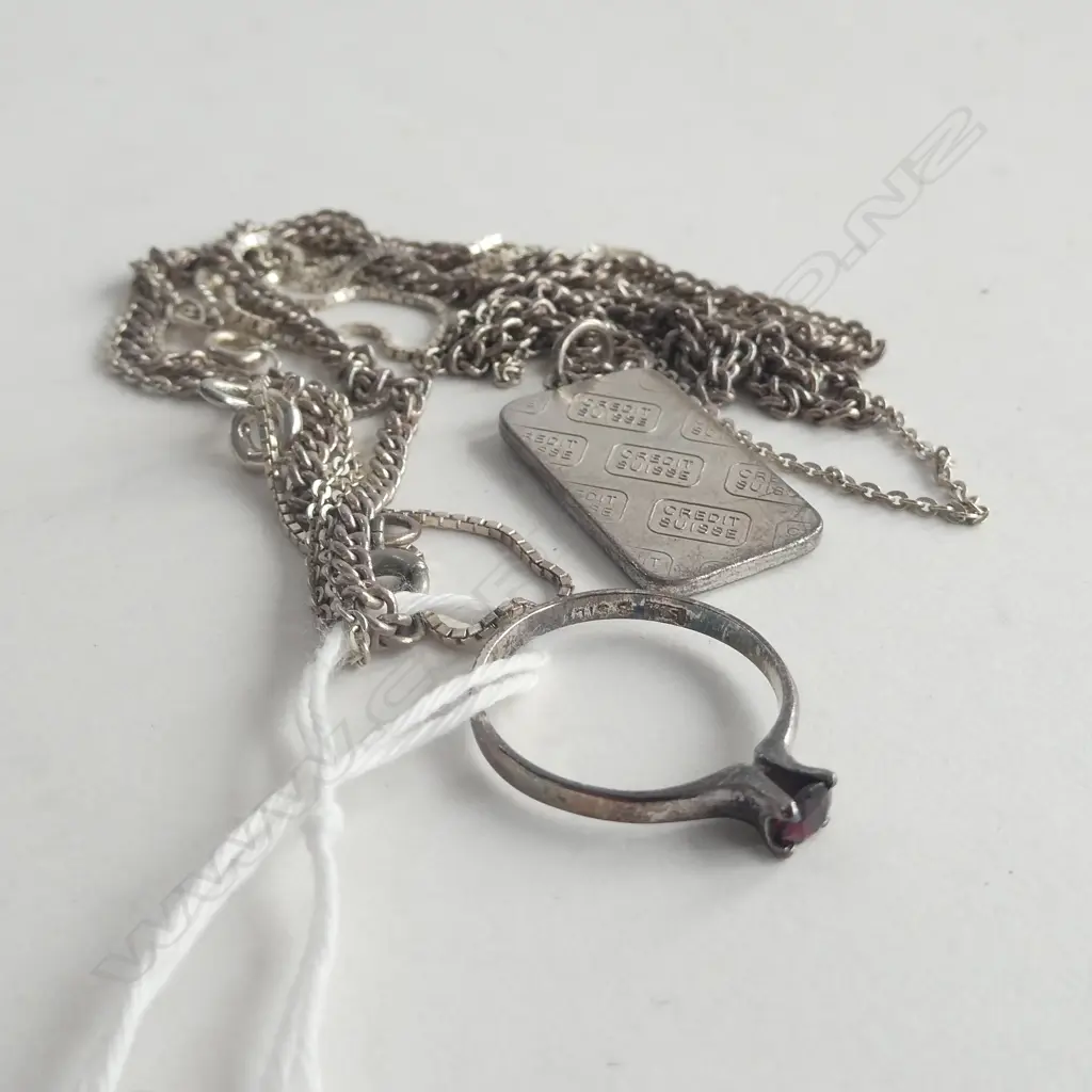 5gm SILVER PENDANT & CHAIN/2 SILVER CHAINS/SILVER & GARNET RING Image 1++
