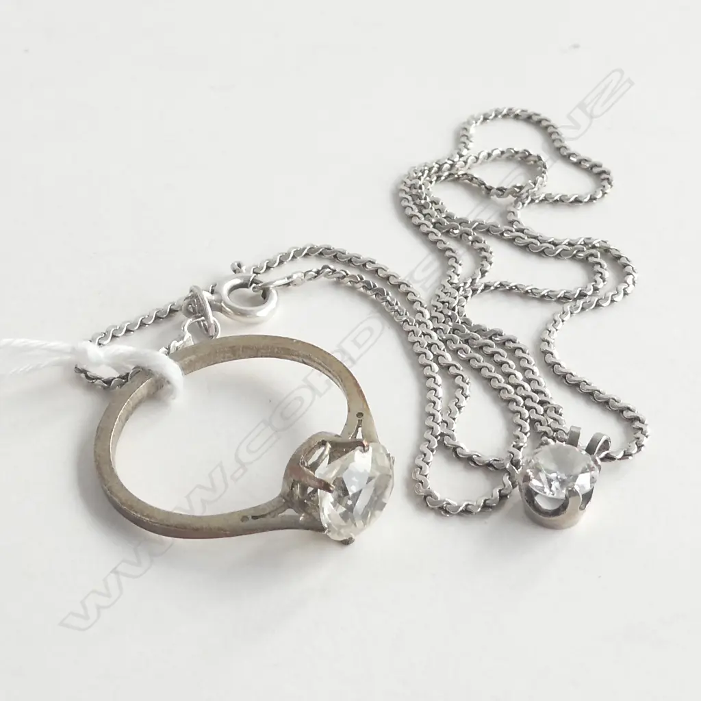 CZ PENDANT ON SILVER CHAIN WITH SILVER CZ RING Image 1++