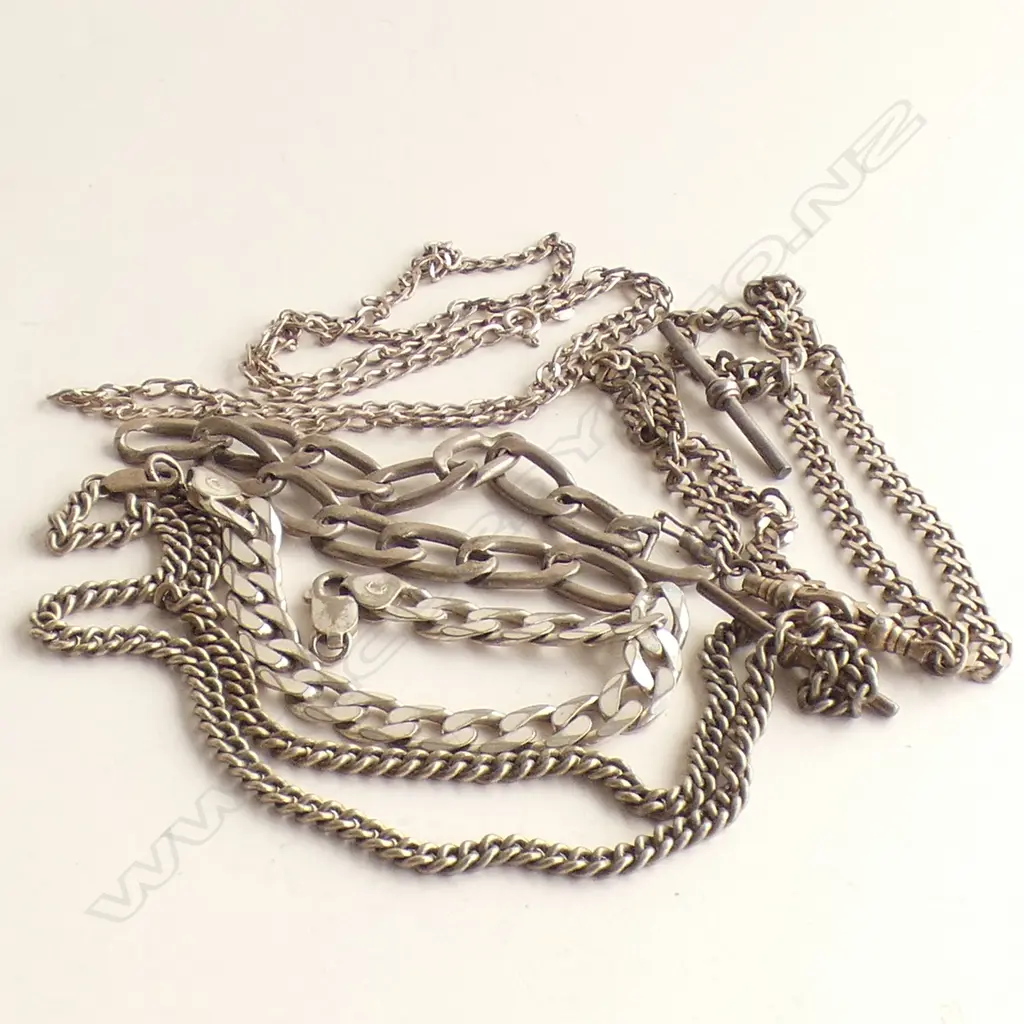 5 STG SILVER CHAINS; INCL. 2 FOB, 1 LONG CHAIN, 2 LINK BRACELETS 92 GRAMS Image 1++