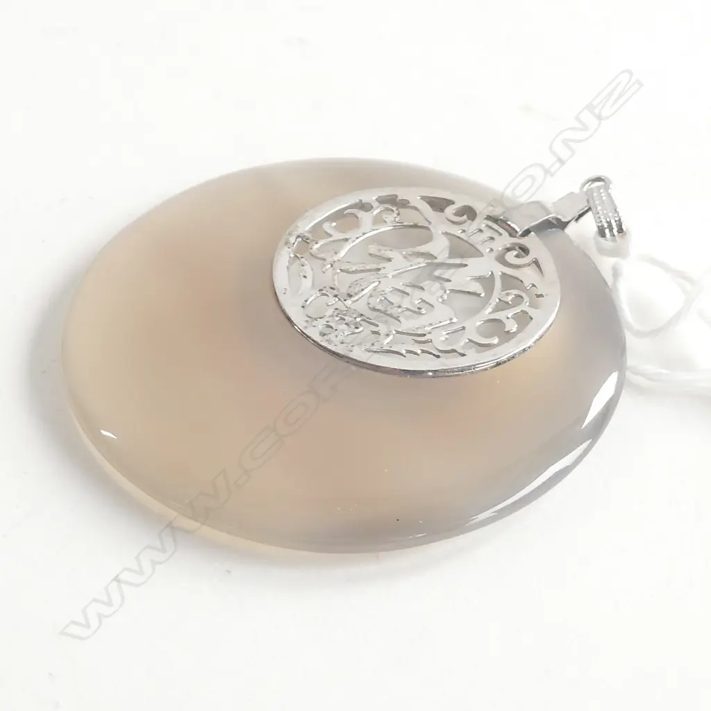 SMOKEY GREY PENDANT WITH WHITE METAL CALIGRAPHY Image 1++