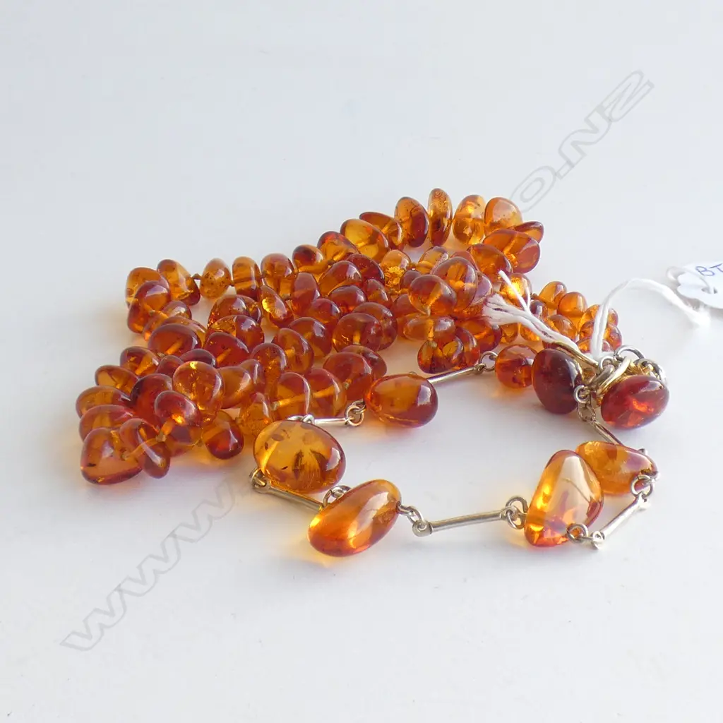 AMBER BEAD NECKLACE, BRACELET & PR CLIP EARRINGS  Image 1++