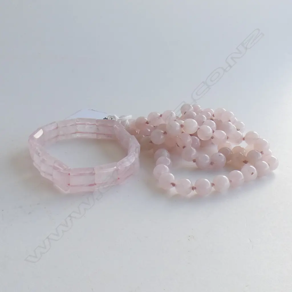 ROSE QUARTZ BEAD NECKLACE & SQUARE CUT BRACELET Image 1++