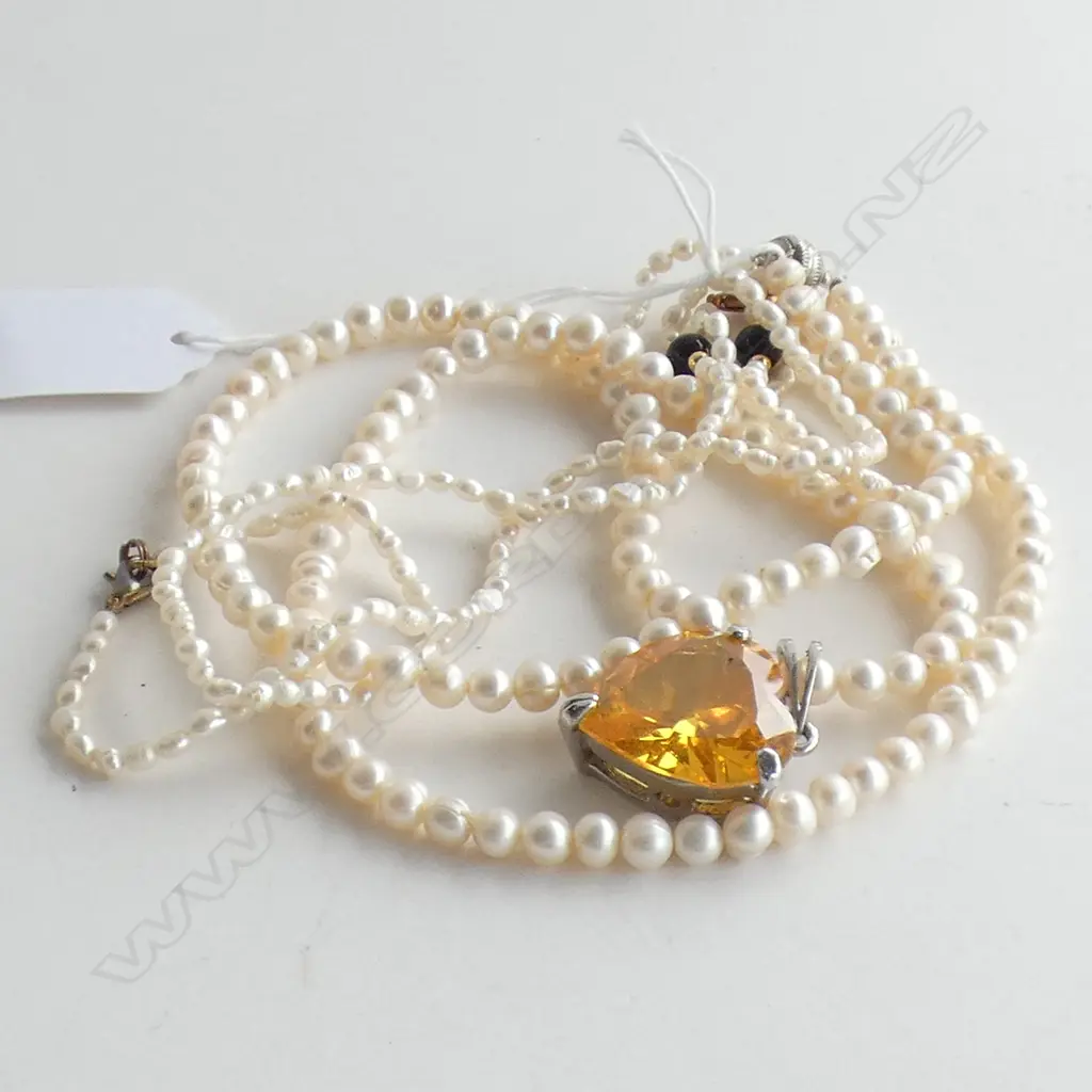 SEED PEARL NECKLACE & BRACELET & SINGLE STRAND PEARL NECKLACE W AMBER GLASS HEART PENDANT Image 1++