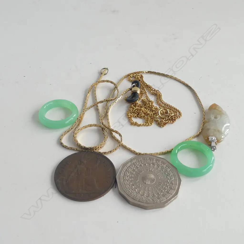 JUBILEE COIN/PENNY/2 GOLD METAL CHAINS/2 GLASS JADE RINGS/CARVED JADE PENDANT Image 1++