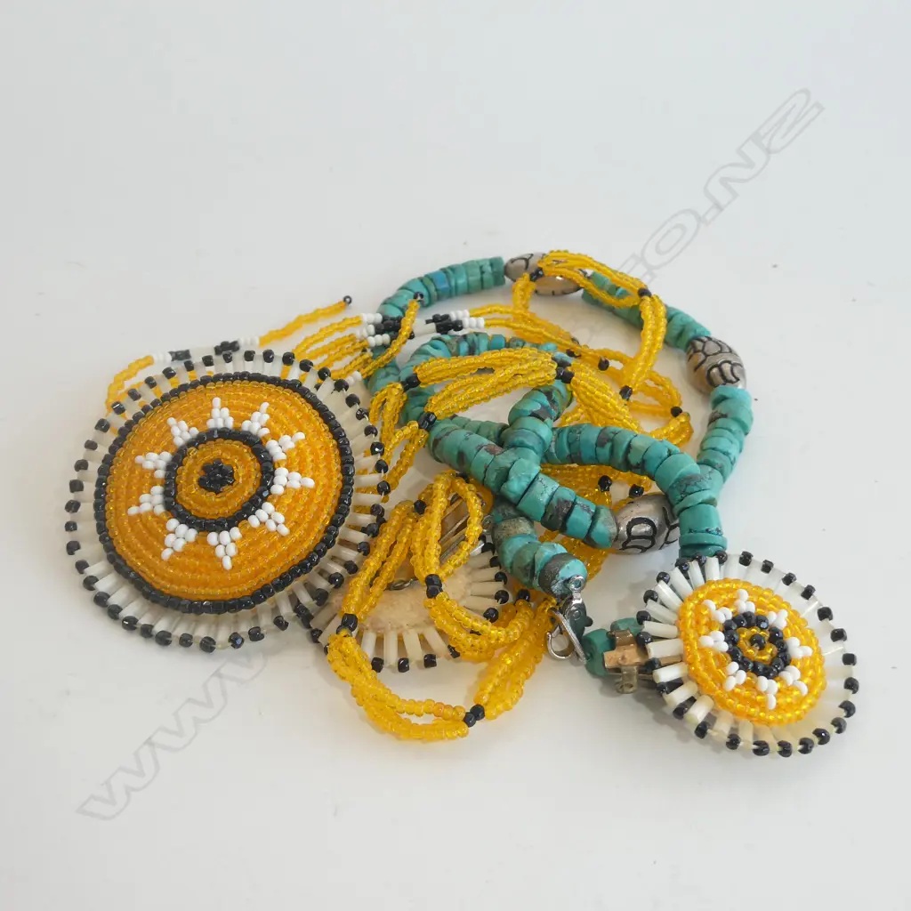 AMERICAN INDIAN NAVAJO NECKLACES (I) NATURAL TURQUOISE (II) VINTAGE TUBE GLASS BEADS. (WITH EARRINGS) Image 1++