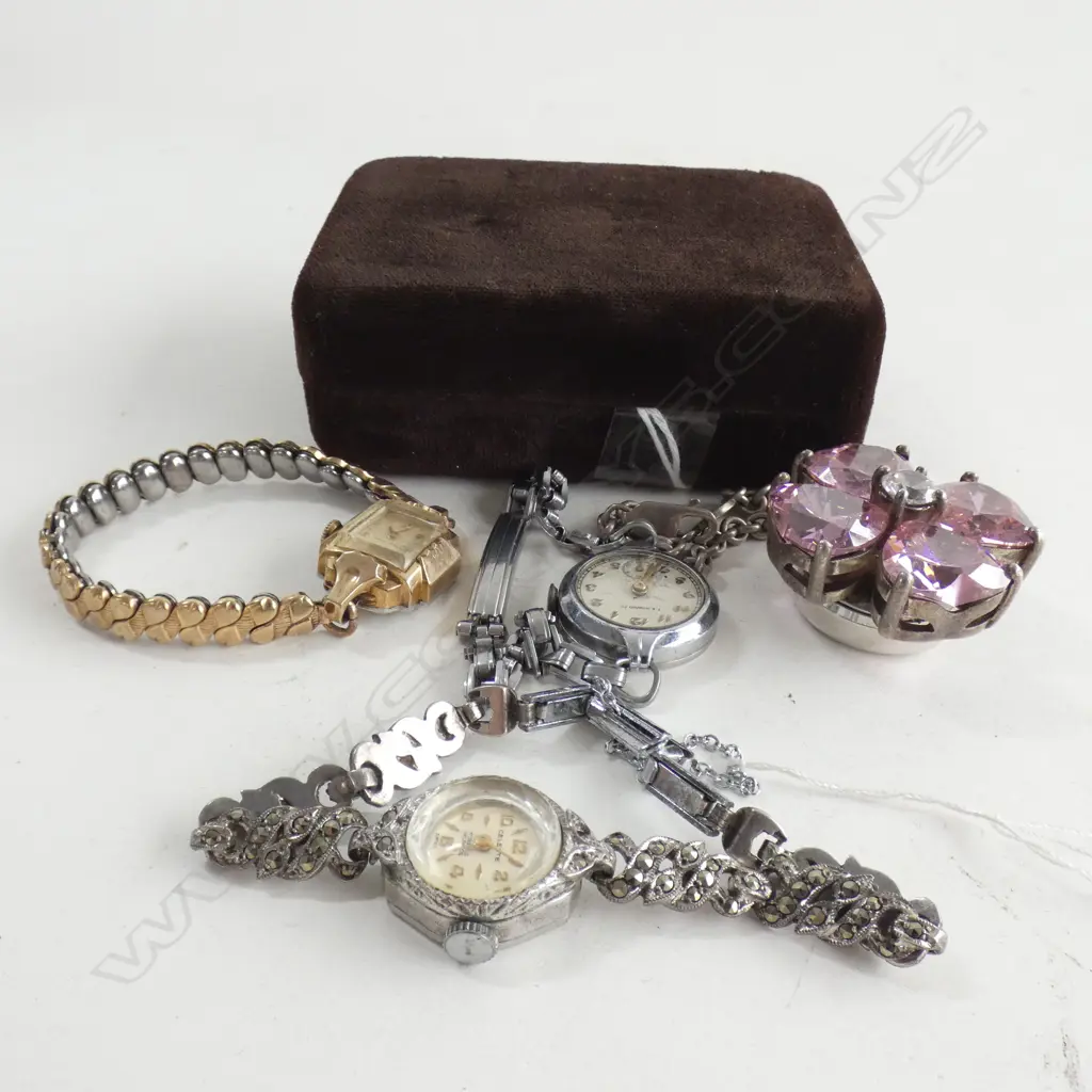 4 VINTAGE LADIES WATCHES INCL BULOVA & RUMOURS PINK GLASS FLOWER POCKET WATCH Image 1++