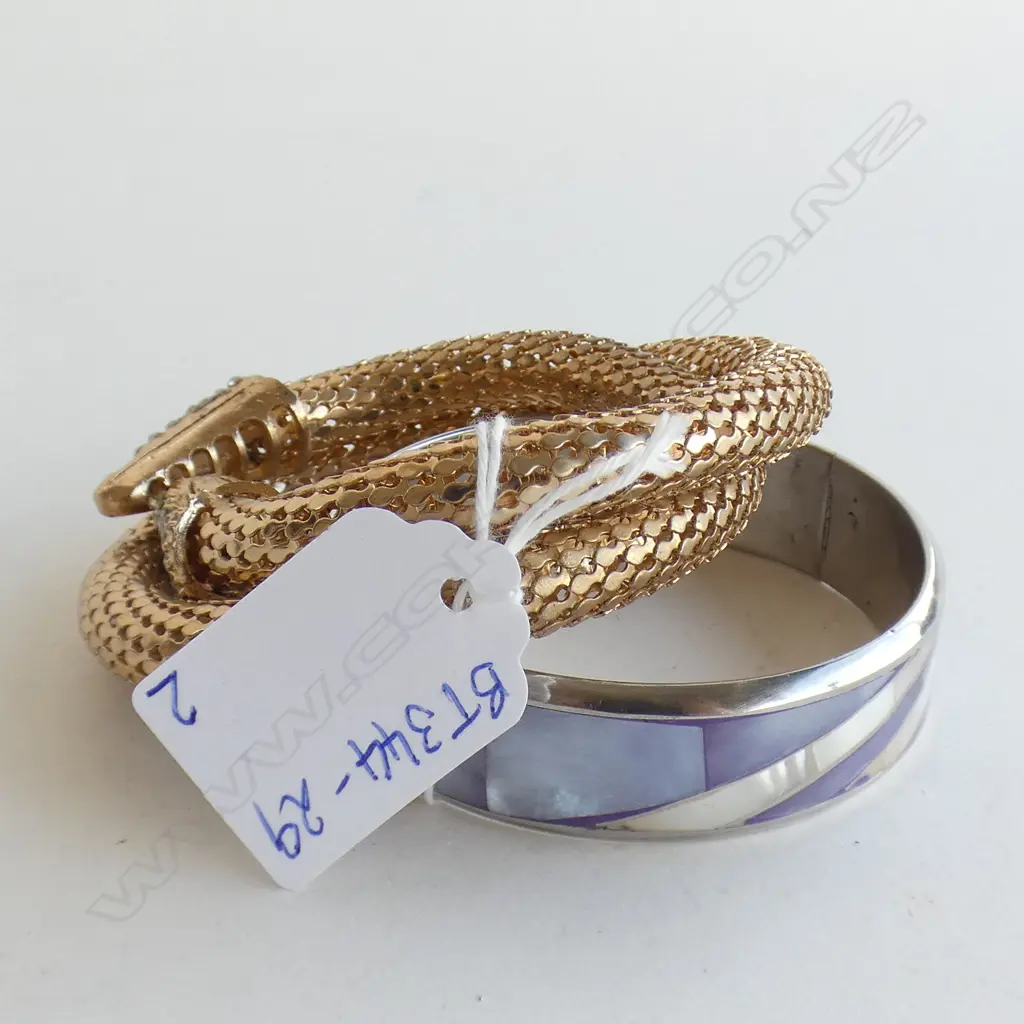GOLD TONE & DIAMANTE SPIRAL SNAKE BRACELET & PURPLE ENAMEL BANGLE  Image 1++