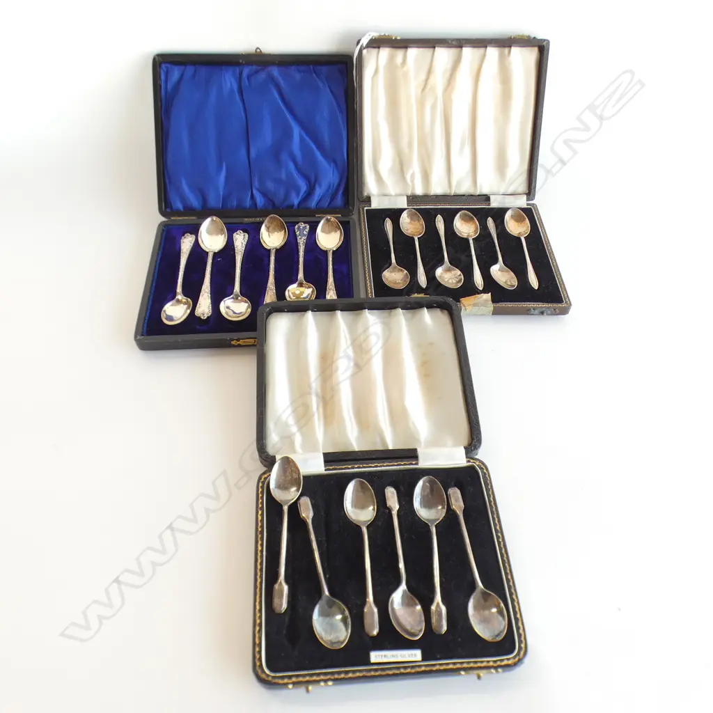 3 CASED SETS OF 6 STG SILVER COFFEE SPOONS 168 GRAMS Image 1++