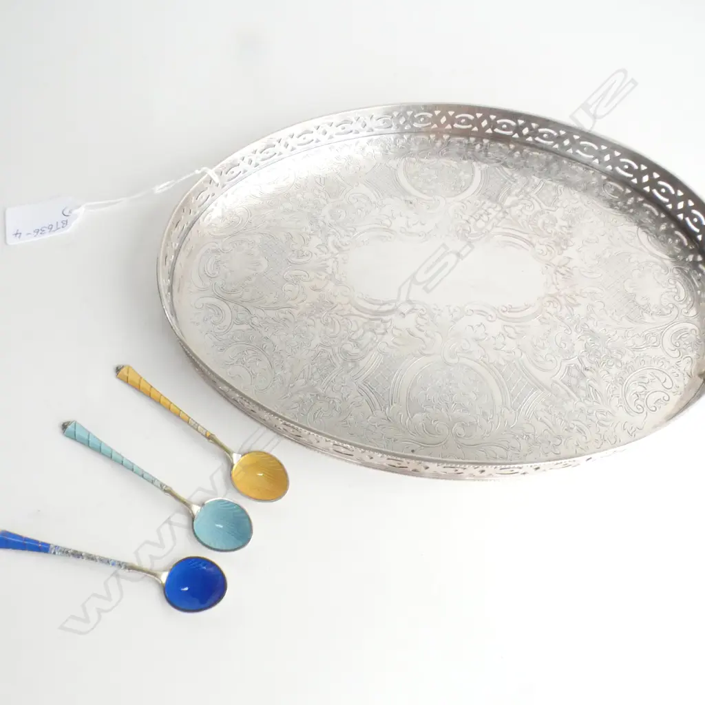 SMALL SILVER PLATE TRAY AND THREE DANISH SILVER & ENAMEL TEASPOONS Image 1++