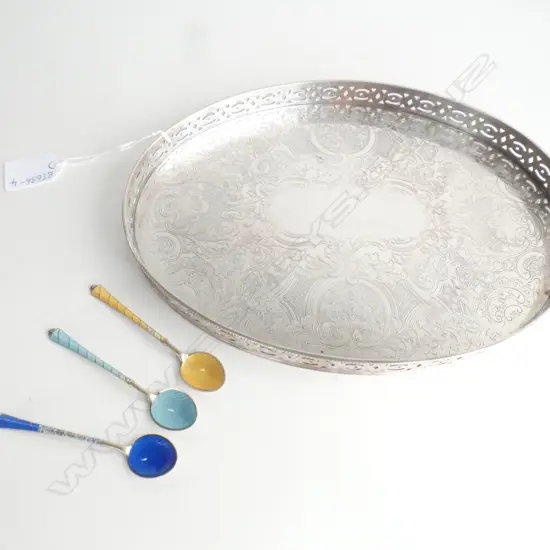 SMALL SILVER PLATE TRAY AND THREE DANISH SILVER & ENAMEL TEASPOONS
