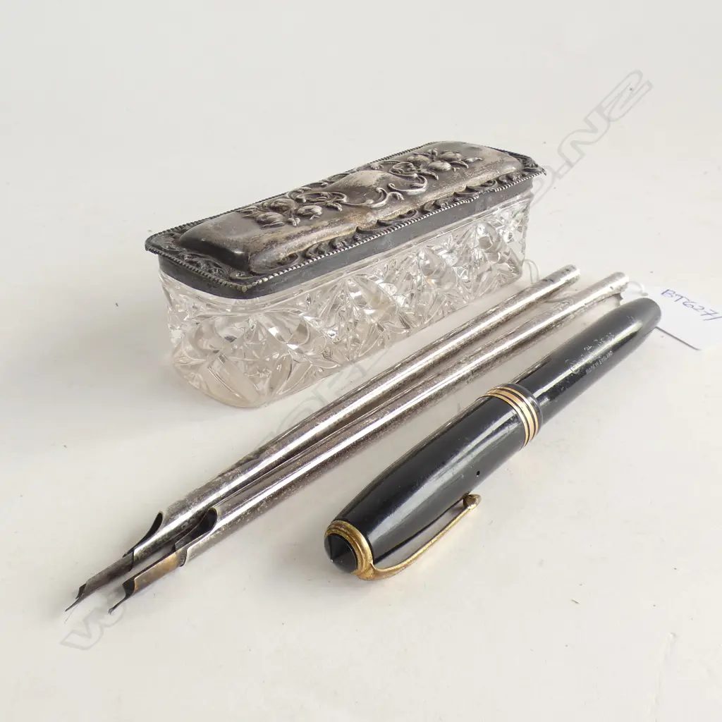 STG TOPPED CRYSTAL CONTAINER + 2 STG PENS + CONWAY STEWART 14CT NIB PEN Image 1++
