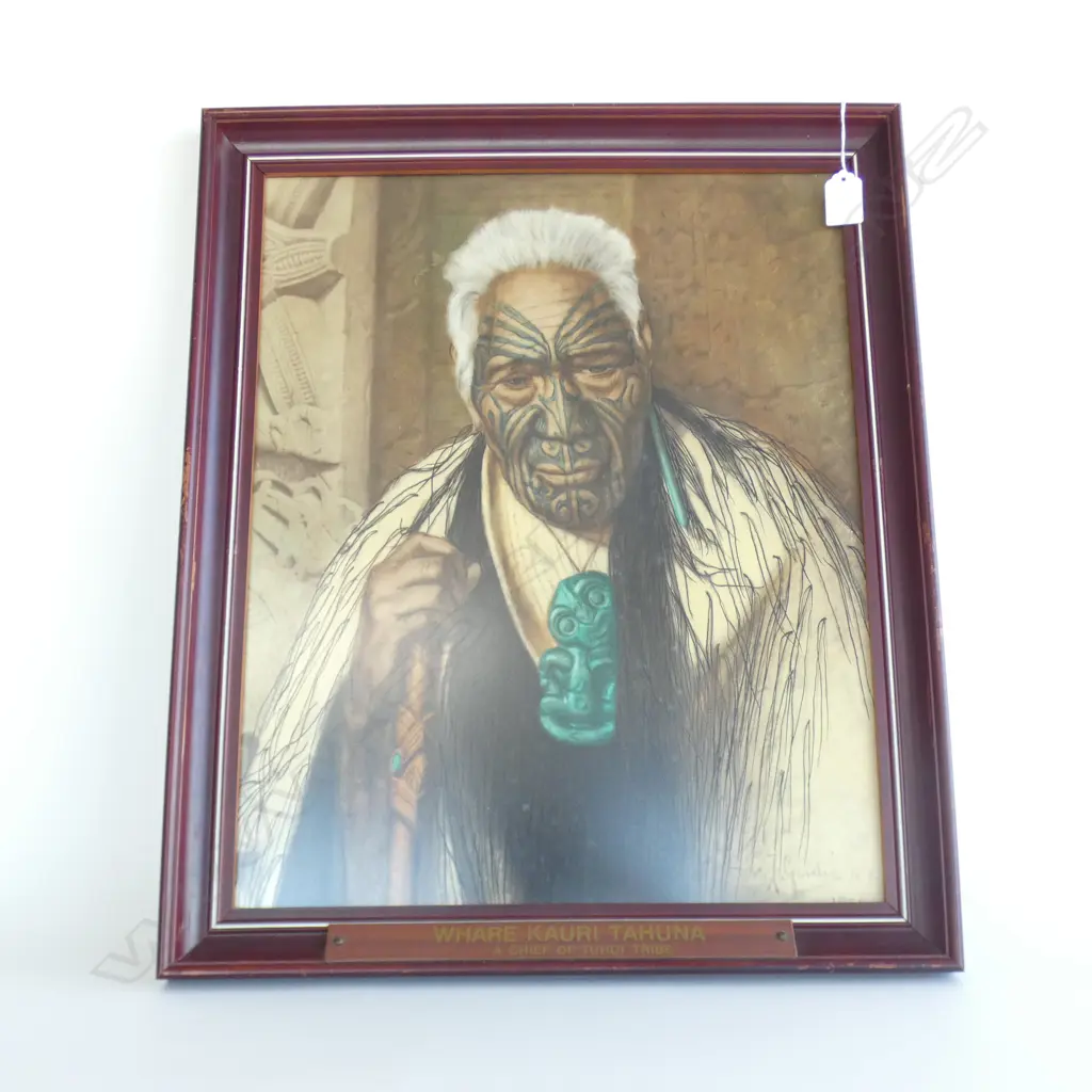 VINTAGE C.F. GOLDIE HAND COLOURED PRINT 'WHARE KAURI TAHUNA' 500x400mm FRAMED Image 1++
