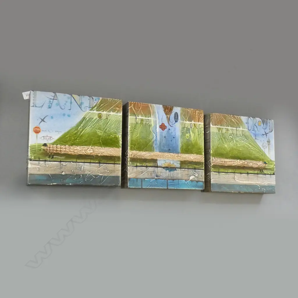 DEAN RAYBOULD TRIPTYCH 'LAND OF THE LONG WHITE CLOUD' MIXED MEDIA 310x310mm Image 1++