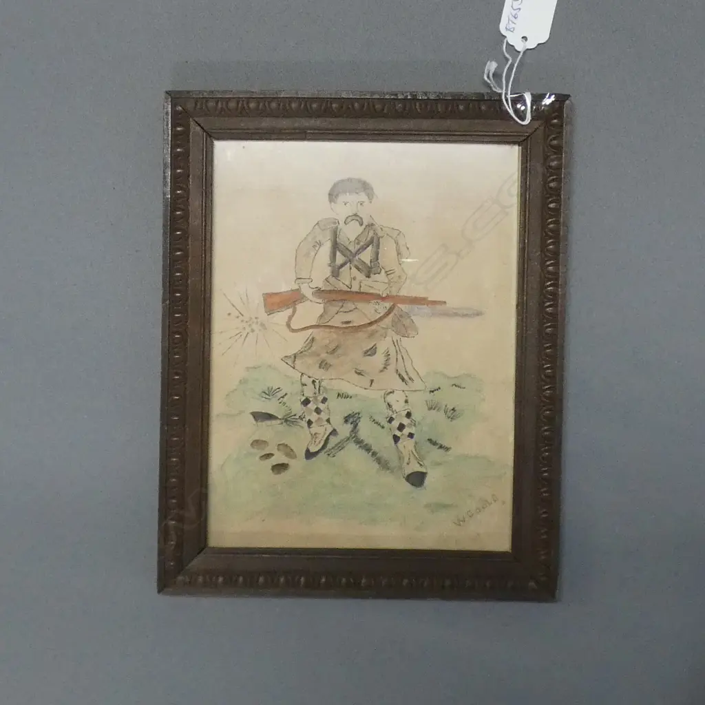 W GOULD PENCIL & W/C WWI SCOTTISH SOLDIER IN ACTION SIGNED Image 1++