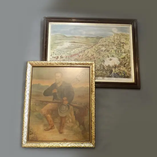 2 LARGE VINTAGE PRINTS; BATTLE OF ELANDS LAAGTE BOER WAR 520x720mm + MAN w. GUN