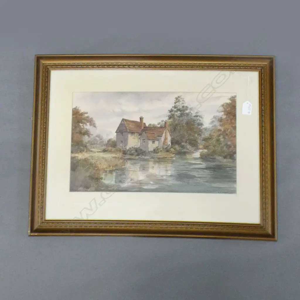 A.A. PROUT W/C THATCHED HOUSE & LAKE SIGNED 260 x 425mm Image 1++