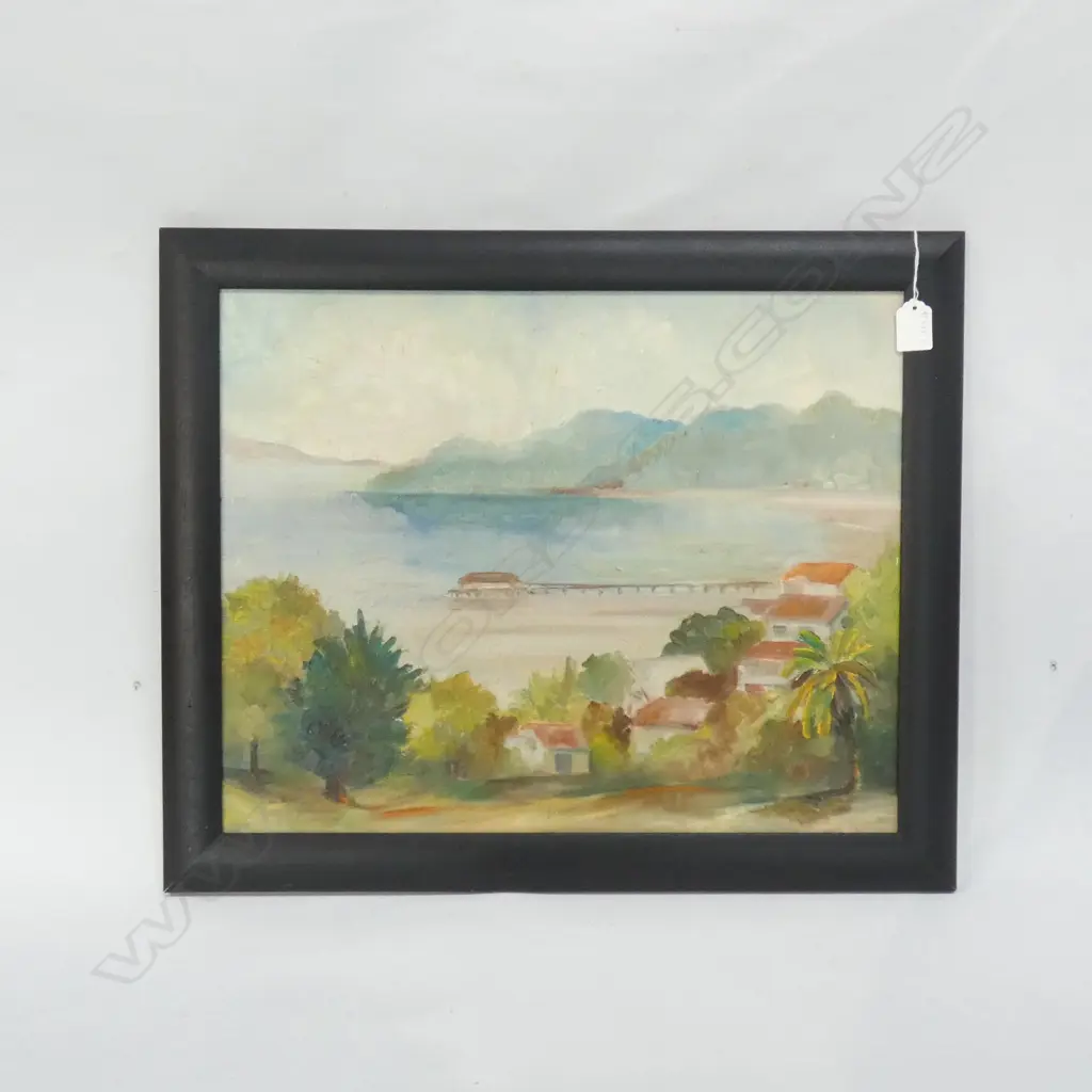 F SIMPSON  OIL ON BOARD  THE JETTY   395 x 490mm. Image 1++