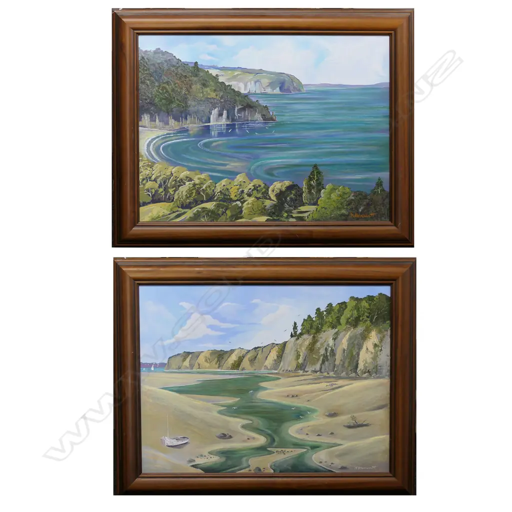 2 ARTWORKS BY M. HOLDSWORTH 'MOTUIHE ISLAND' & 'KAWAU ISLAND' OIL 450x600mm Image 1++