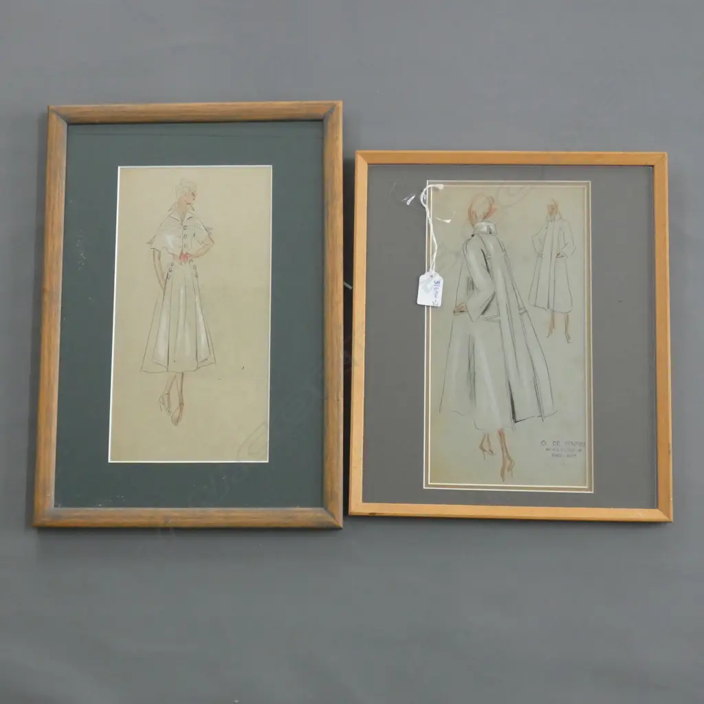 2 VINTAGE ART DECO FRENCH FASHION DRAWINGS BY LEO TISSANDIE Image 1++
