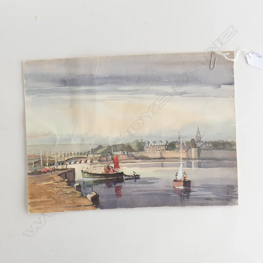 FRED STOTT (1910-2006 SCOTTISH) W/C RIVER SCENE W BOATS A.F Image 1++