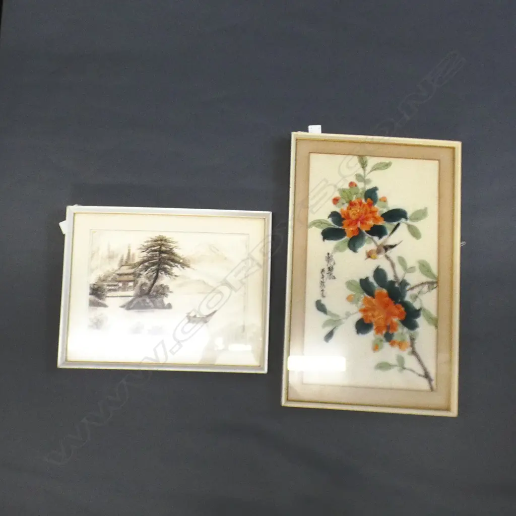 2 ORIENTAL ARTWORKS; EMBROIDERED LANDSCAPE + FLORAL W/C ON FABRIC 450x255mm Image 1++