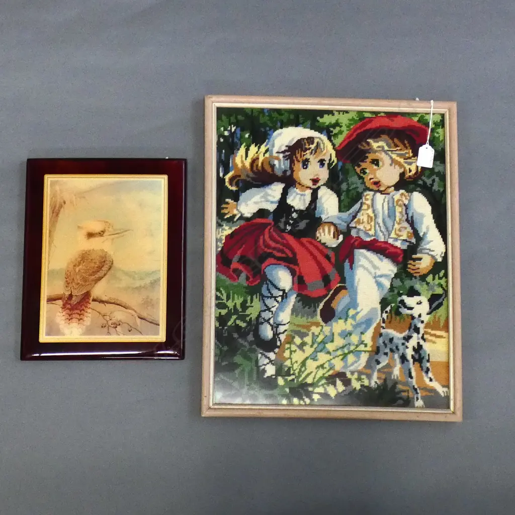 WOODEN ENAMELLED FRAMED KOOKABURRA  (245 X 315MM) + VINTAGE FRAMED TAPESTRY (460 X 360MM) Image 1++