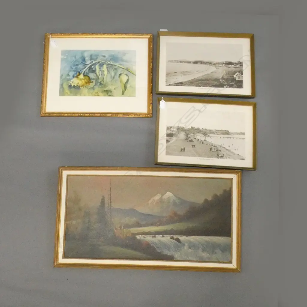 4 ARTWORKS; PR ST. HELIERS PRINTS, SUNFLOWER W/C E. DAVIDSON, SIGNED MT SHASTA OIL Image 1++