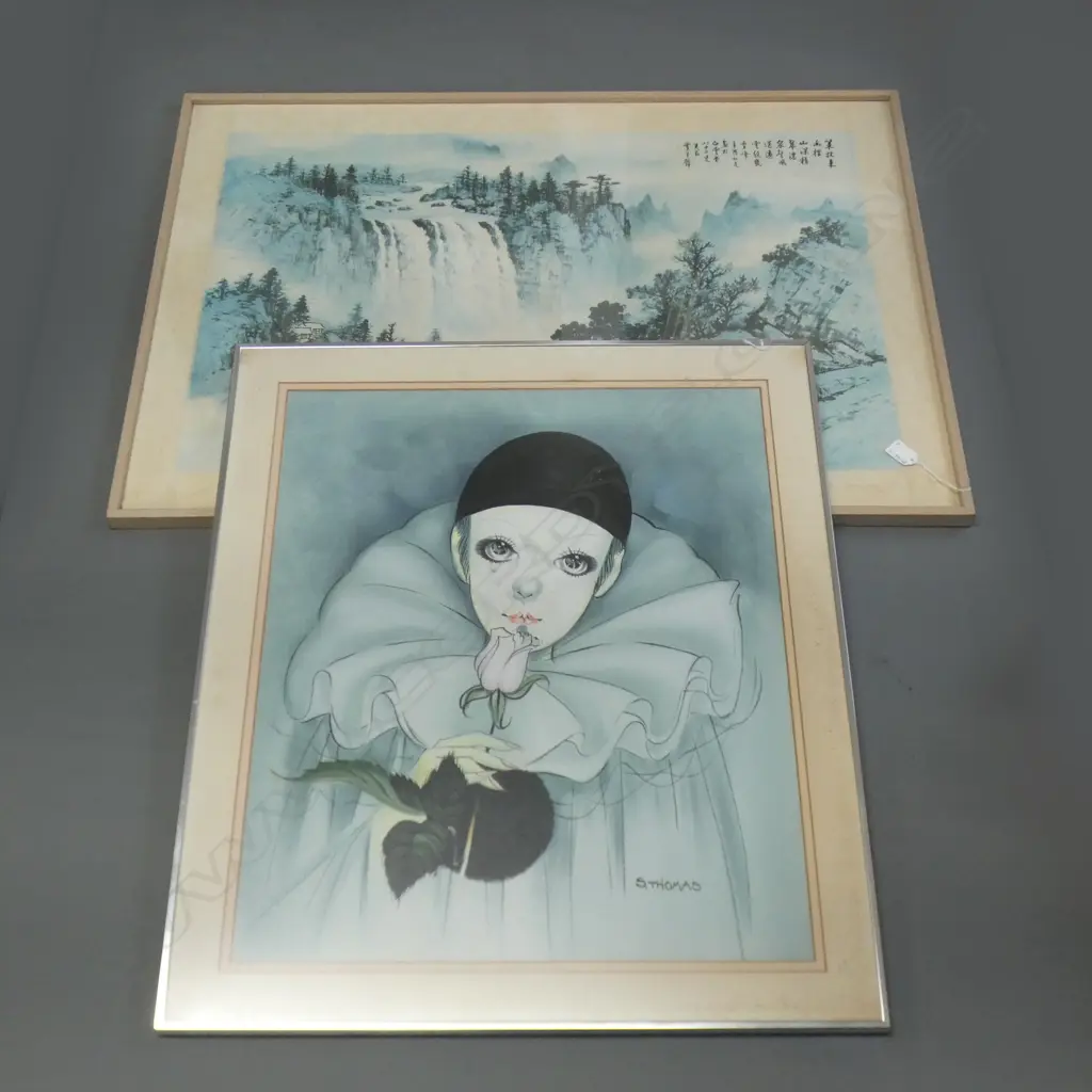 TWO FRAMED PRINTS; 1 S THOMAS PIERROT & ORIENTAL SCENE W CALLIGRAPHY (540 X 830MM) Image 1++