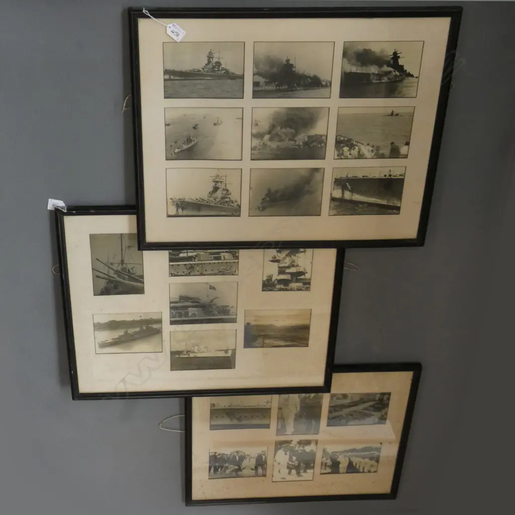 3 FRAMED COLLECTIONS OF WWII PHOTOS; BATTLESHIPS ETC 475x595mm Image 1++