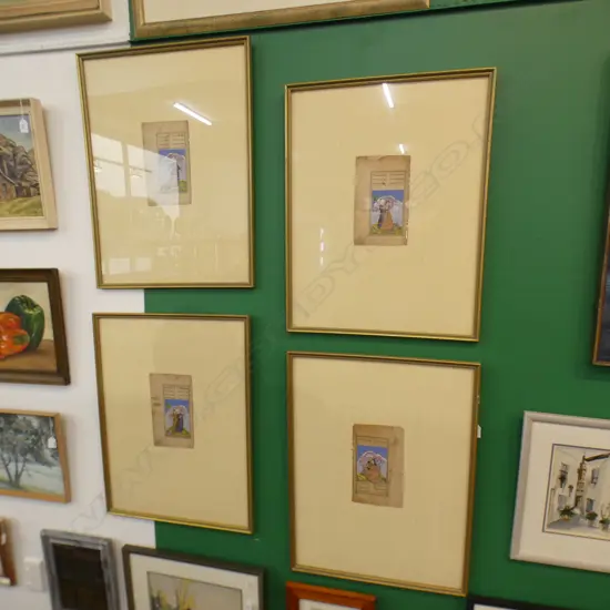 4 PERSIAN ILLUSTRATED BOOK PAGES. FRAMED & GLAZED 235 x 140mm (image)