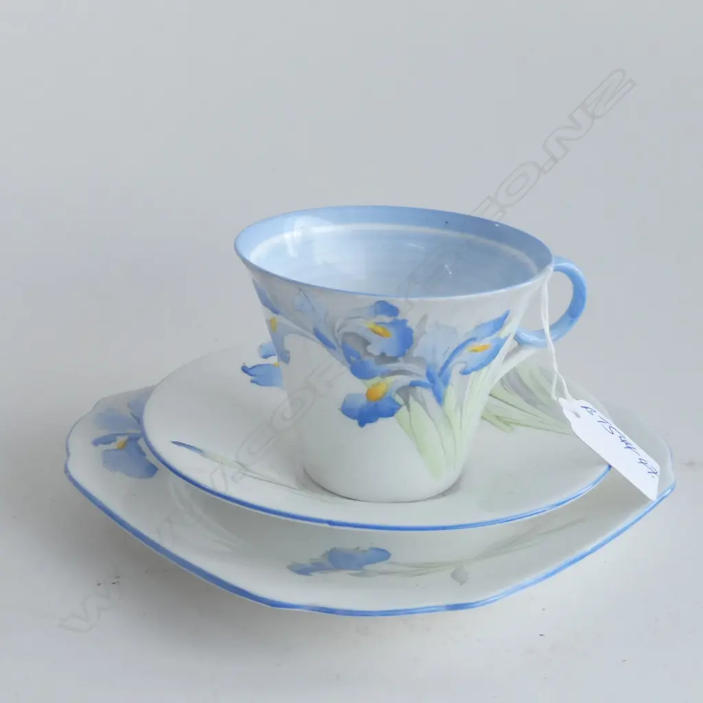 SHELLEY CUP SAUCER PLATE RING HANDLE BLUE IRIS Image 1++