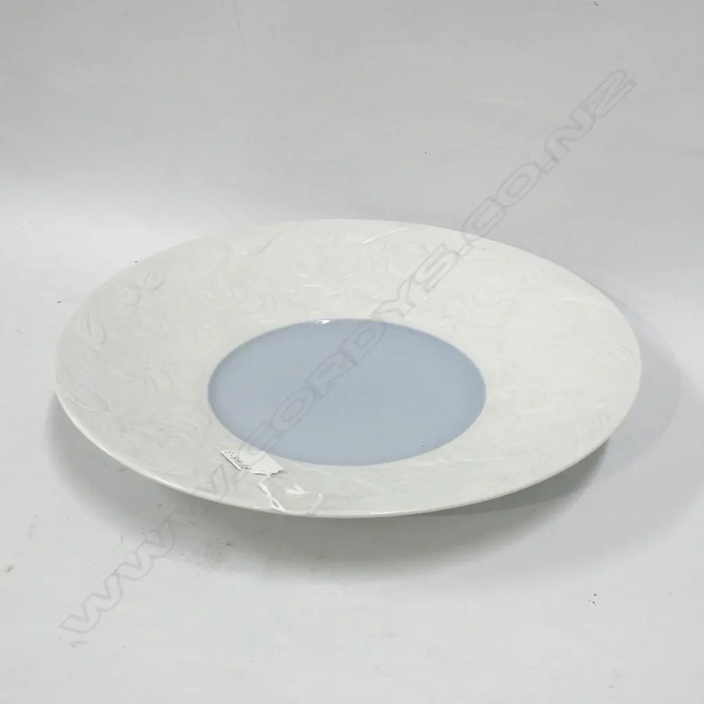 LG ROSENTHAL BJORN WIINBLAD PLATE; WHITE BISQUE EMBOSSED RIM WITH BLUE CENTRE  DIA 320MM Image 1++