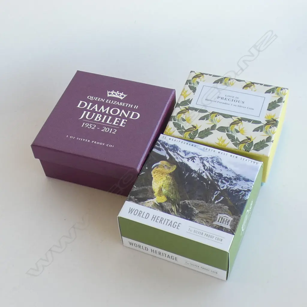 3 NZ PROOF SILVER COINS BOXED. LOVE IS PRECIOUS 2020 $2. QEII DIA.JUB.2012. WORLD HERITAGE Image 1++