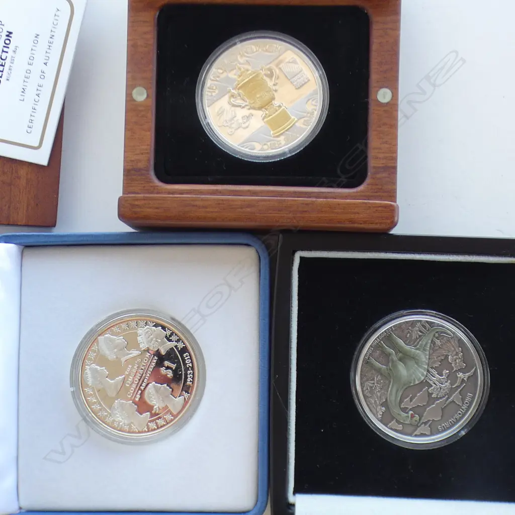 3 NZ PROOF SILVER COINS BOXED. WEBB EELIS CUP. QUUENS CORO.60th.DINOSAURS Image 1++
