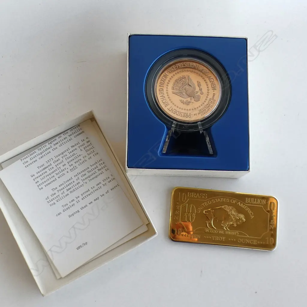 USA PRESIDENT NIXON 1973 LGE MEDAL.+ 10 OUNZE BRASS BULLION BAR Image 1++